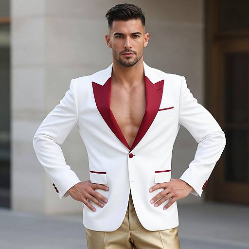 Photograph of a handsome, dark-haired, bearded man with a chiseled physique, wearing a white jacket with red trim, open to reveal