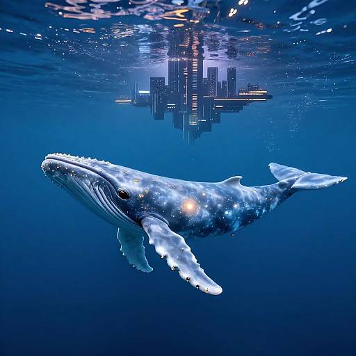 Translucent Whale in Futuristic Cityscape