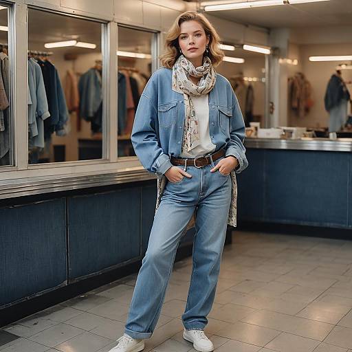 Woman in Light-Wash Baggy Jeans and Scarf
