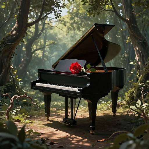Photograph of a black grand piano with an open lid and a red rose on the keys, set in a sunlit, lush forest.