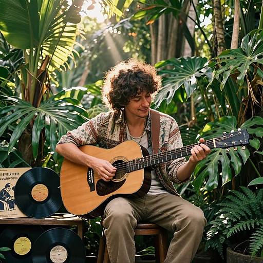 Photograph of a curly-haired man playing an acoustic guitar, surrounded by lush green plants, with vinyl records on a table. Sunlight filters through leaves