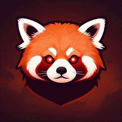 Digital illustration of a red panda's face with glowing red eyes, vibrant orange fur, and white facial markings against a dark red background.
