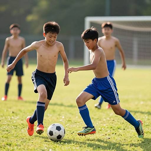 Photograph of four shirtless Asian boys in blue shorts and socks playing soccer on a sunny grass field, focused on controlling a black-and-white soccer ball