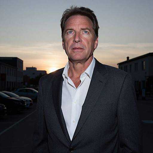 Photograph of middle-aged man with short brown hair, blue eyes, in black suit and white shirt, standing outdoors at sunset.