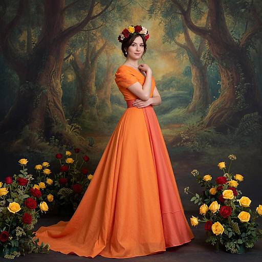 Photograph of a woman in an orange ball gown, floral crown, standing in a forest-themed studio with yellow and red roses.