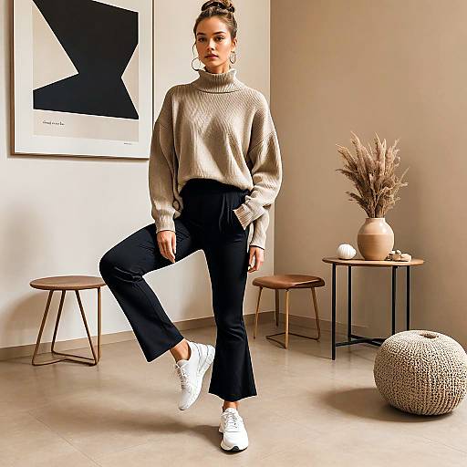 Woman in Black Flare Leggings and Sepia Sweater in Art Gallery