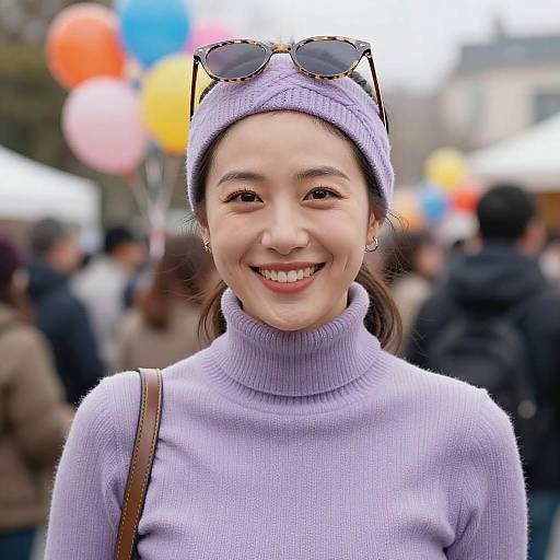 Smiling woman in lavender sweater at outdoor event