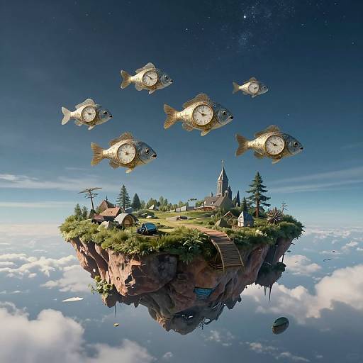 Whimsical digital art: Floating island with quaint houses, church, and trees; six goldfish with clock faces hovering above, set against a blue