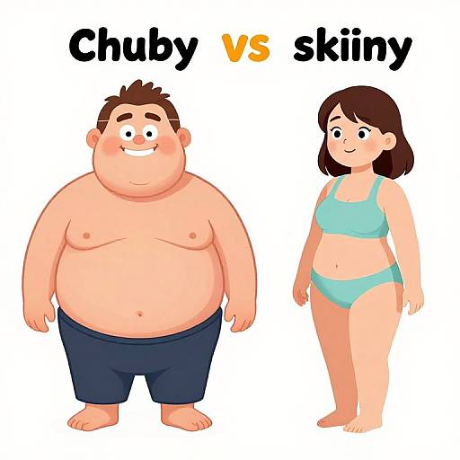 Digital cartoon of a chubby, shirtless man in blue shorts vs a skinny woman in light blue bra and panties, text 