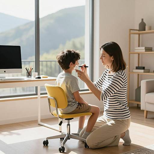 Mother Shaving Son in Sunlit Room