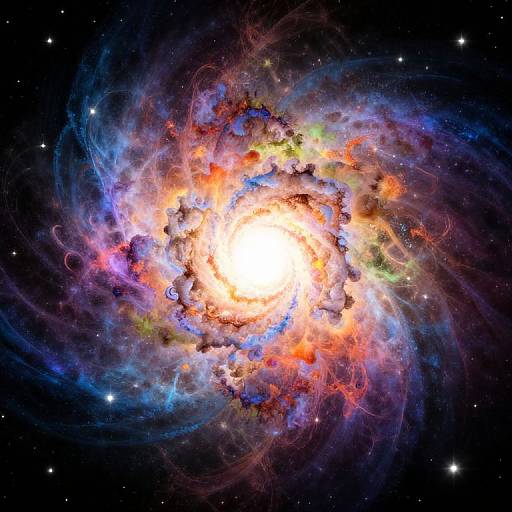 Photograph of a vibrant, colorful spiral galaxy with a bright white core, surrounded by swirling blue, red, and orange clouds against a dark, star
