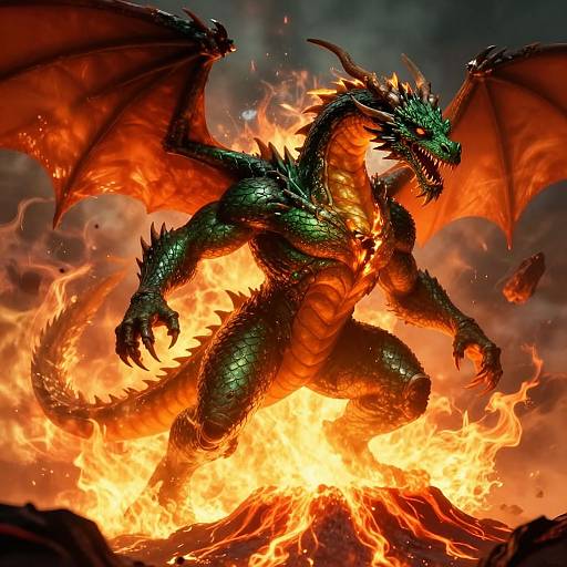 Digital artwork of a fierce green dragon with orange scales, fiery eyes, and outstretched wings, standing amidst blazing flames and molten lava, roaring