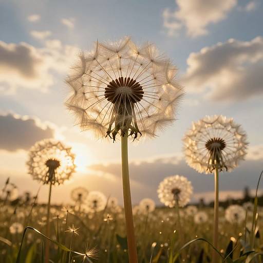 Photograph of dandelions in a field at sunset, with the sun behind, casting a golden glow and illuminating fluffy white seeds against a cloudy