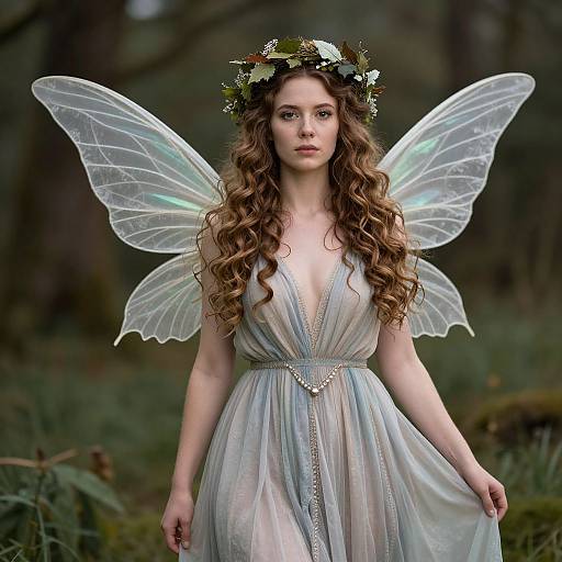Photorealistic fairy portrait: Young woman with long, curly brown hair, wearing a silver, V-neck dress, and translucent, iridescent wings
