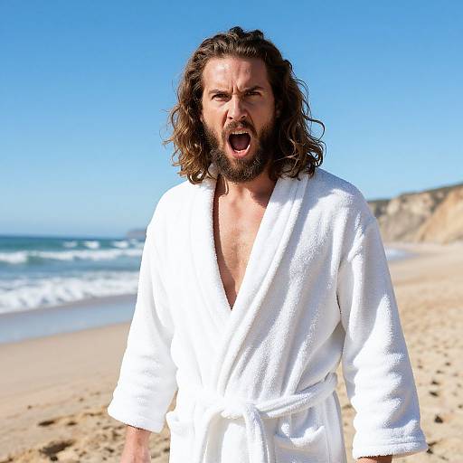 Angry Bearded Man on Sunny Beach