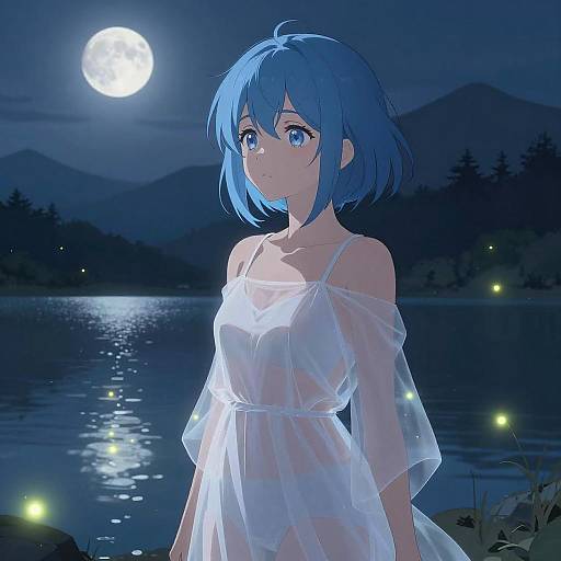 Serene Blue-Haired Girl at Night