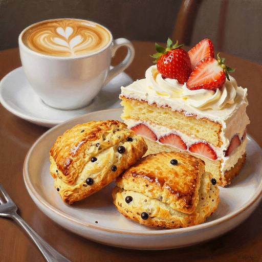 Vanilla Bean Scones with Strawberry Cake and Cappuccino
