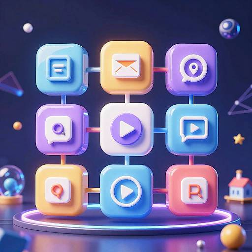 Neon digital icon grid: nine glowing, colorful square icons with various symbols (E, X, etc.) on pink and blue rods, set against