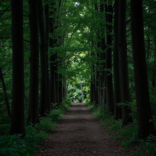 Photograph of a lush, dense forest pathway with towering dark trees and vibrant green foliage, creating a shaded, serene tunnel effect.
