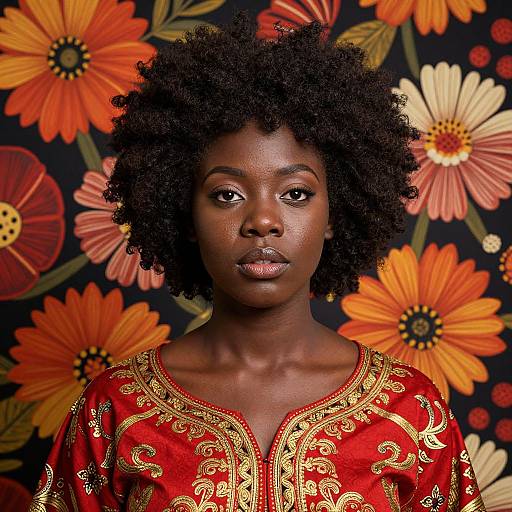 Photograph of a dark-skinned woman with natural afro, wearing a red embroidered top, against a vibrant floral background.