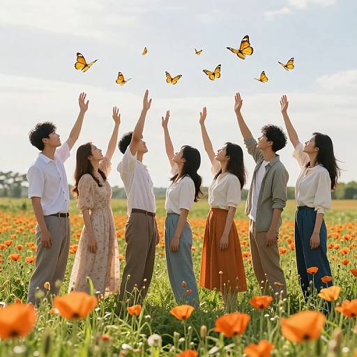 Photograph of six Asian adults standing in a vibrant orange poppy field, raising arms to catch yellow butterflies against a bright blue sky. Casual, semi