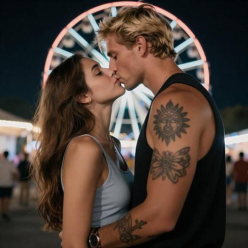 Couple Kissing at Night with Ferris Wheel