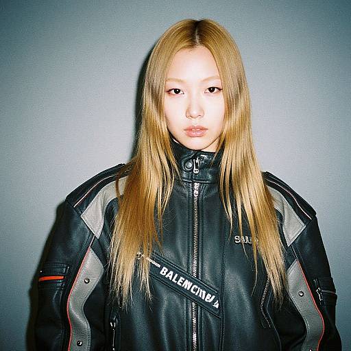 Photograph of an Asian woman with long blonde hair, wearing a black Balenciaga leather jacket, standing against a plain gray background.