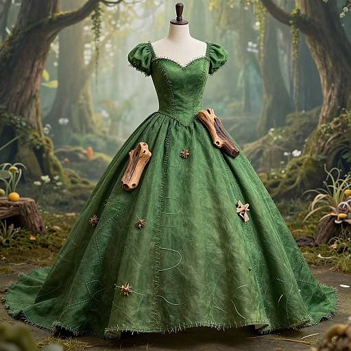 Photograph of a green, Victorian-style ball gown with puffed sleeves, embroidered stars, and wooden buttons, displayed on a mannequin in a