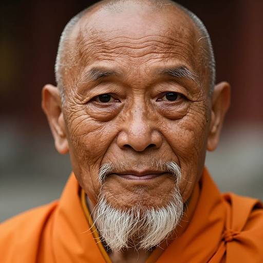 Close-up photograph of an elderly, bald Asian man with wrinkled skin, white beard, and mustache, wearing an orange robe, smiling gently.