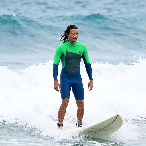Photograph of a muscular, dark-haired man with a beard, wearing a neon green and black wetsuit, surfing in crashing waves.