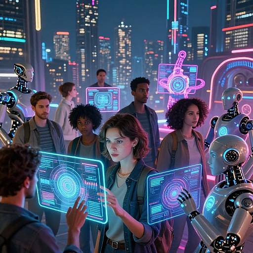 Cyberpunk cityscape at night, diverse group of people with glowing neon holographic interfaces, futuristic robots, and neon-lit skyscrapers in