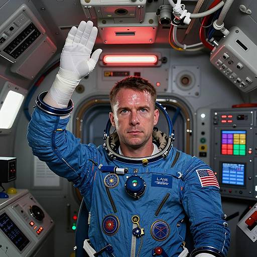 Astronaut in Blue Suit Saluting Inside Spacecraft