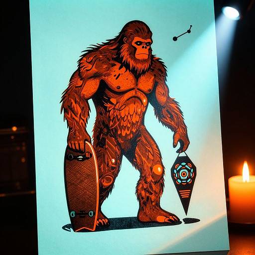 Digital illustration of a muscular, anthropomorphic ape with red-orange fur, holding a skateboard and a beer mug, illuminated by spotlight and candlelight.