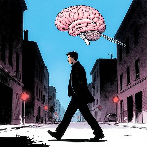 Digital comic-style drawing: man in black coat walks down urban street with floating pink brain and chains above his head. Blue sky, red streetlights,