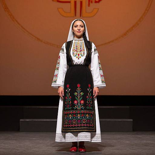 Photograph of a woman in traditional Eastern European folk attire: white embroidered blouse, black embroidered dress, white headscarf, red shoes, standing on