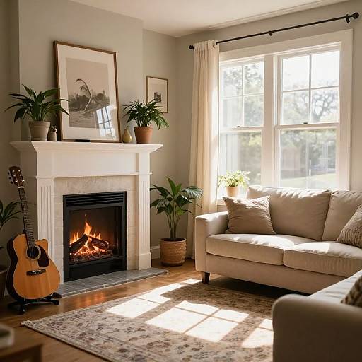 Cozy living room photograph: cream sofa, lit fireplace, acoustic guitar, potted plants, sunlight through window, beige walls, patterned rug.