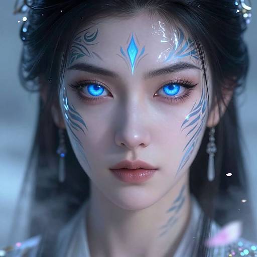 Photorealistic digital portrait of a young Asian woman with glowing blue eyes, intricate blue tribal markings on her face, and dark hair, set against a