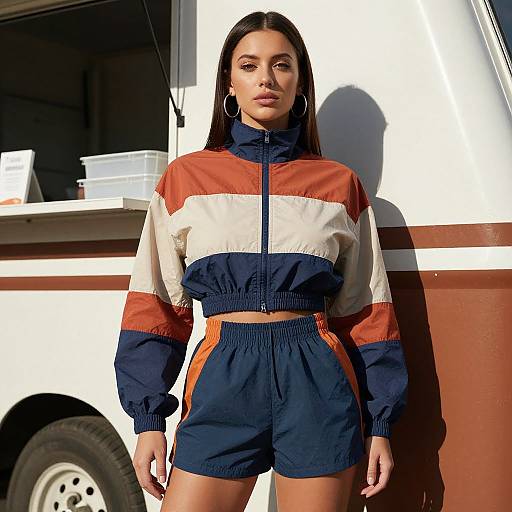 Photograph of a young woman with long dark hair, wearing a red, white, and navy jacket with matching high-waisted shorts, standing in