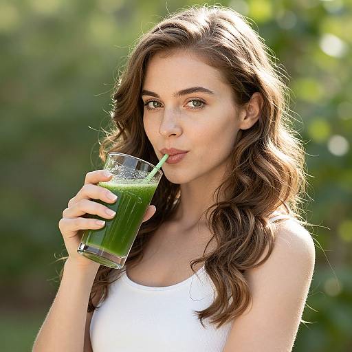 Photograph of a young woman with long brown hair, green eyes, and fair skin, sipping a green smoothie through a straw, wearing a