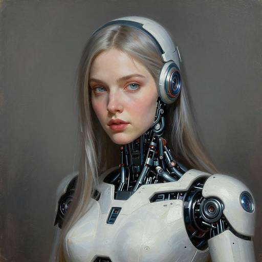 Digital painting of a young woman with long, silver hair, blue eyes, and fair skin, wearing a white and black cybernetic suit, against