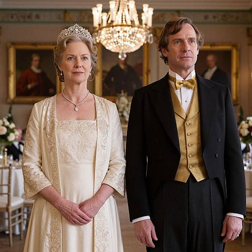 Photograph of an elderly couple in formal attire; woman in white lace dress and tiara, man in black jacket, yellow vest, and bow tie