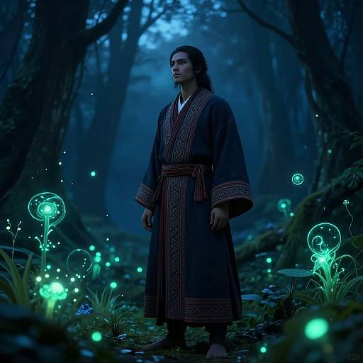 Photorealistic CGI of a man with long dark hair wearing a traditional, ornately patterned robe standing in a mystical, bioluminescent forest