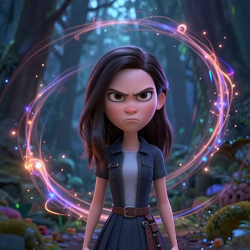 CGI digital art of an angry, dark-haired, cartoon woman with a determined expression, wearing a denim shirt and skirt, surrounded by a glowing,