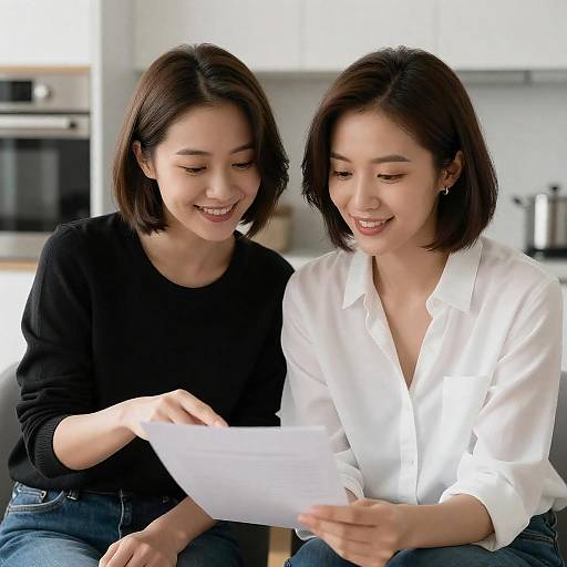 Two Women Reviewing Document in Modern Kitchen