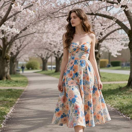 Young Woman in Floral Dress Under Cherry Blossoms