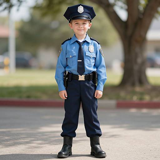 Photograph of a young Caucasian boy in a blue police uniform, black tie, and hat, standing on a sunlit street with blurred trees and grass