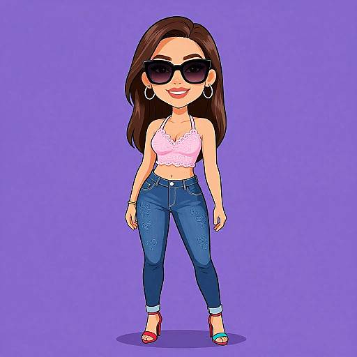 Cartoon woman with long brown hair, large black sunglasses, white lace top, blue jeans, red and blue high heels, purple background.