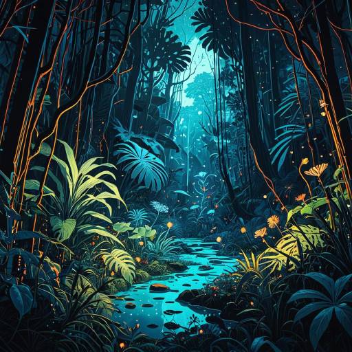 Vibrant Bioluminescent Jungle Illustration