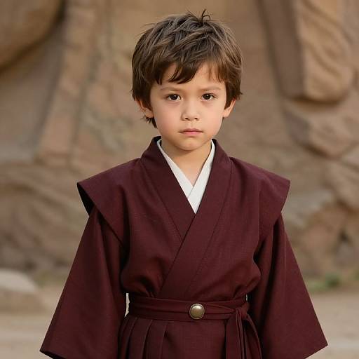 Photograph of a young Asian boy with short brown hair, wearing a dark maroon kimono-style robe, standing against a rocky background.