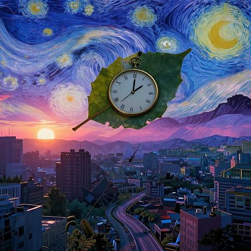 Digital art of a colorful, surreal cityscape at sunset with a clock on a leaf in the swirling, starry sky.
